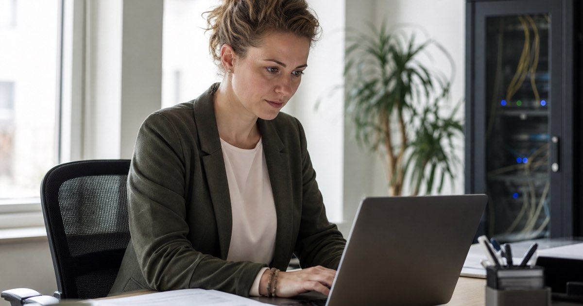 Hausverwalter arbeitet mit Cloud-Hausverwaltungssoftware am Laptop im modernen Büro